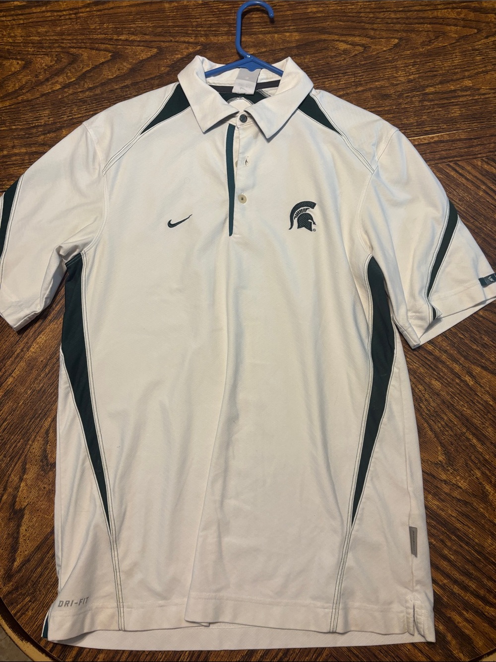 Nike Men’s White Polo with Dark Green Accents & Spartan Logo